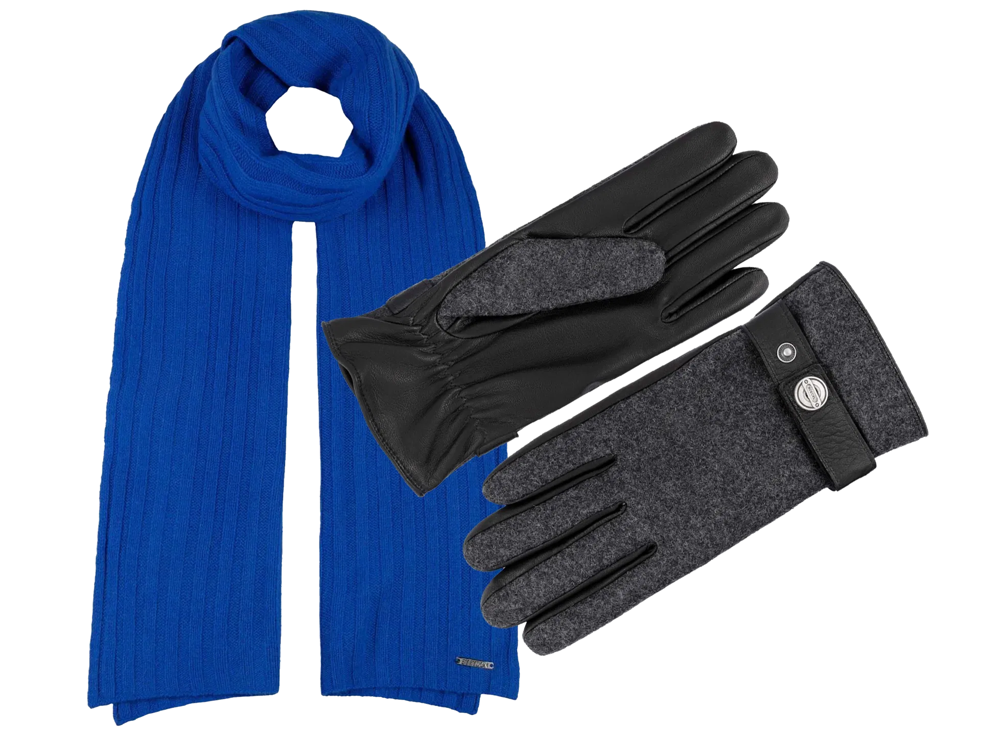 Blauer Schal und schwarze Lederhandschuhe, stilvolle Winter-Accessoires