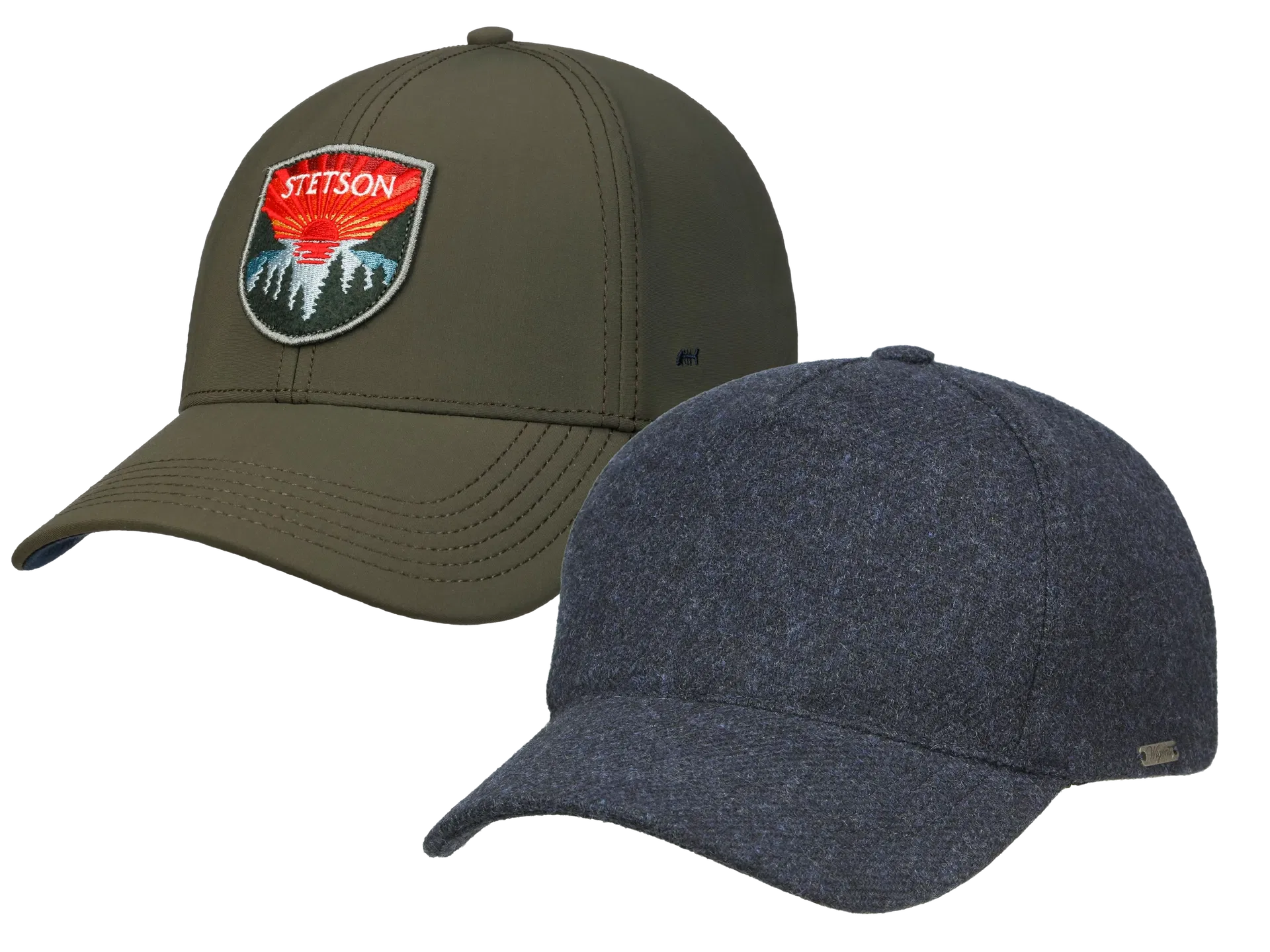 Zwei Caps von Stetson, olivgrün und dunkelgrau, sportlicher Look